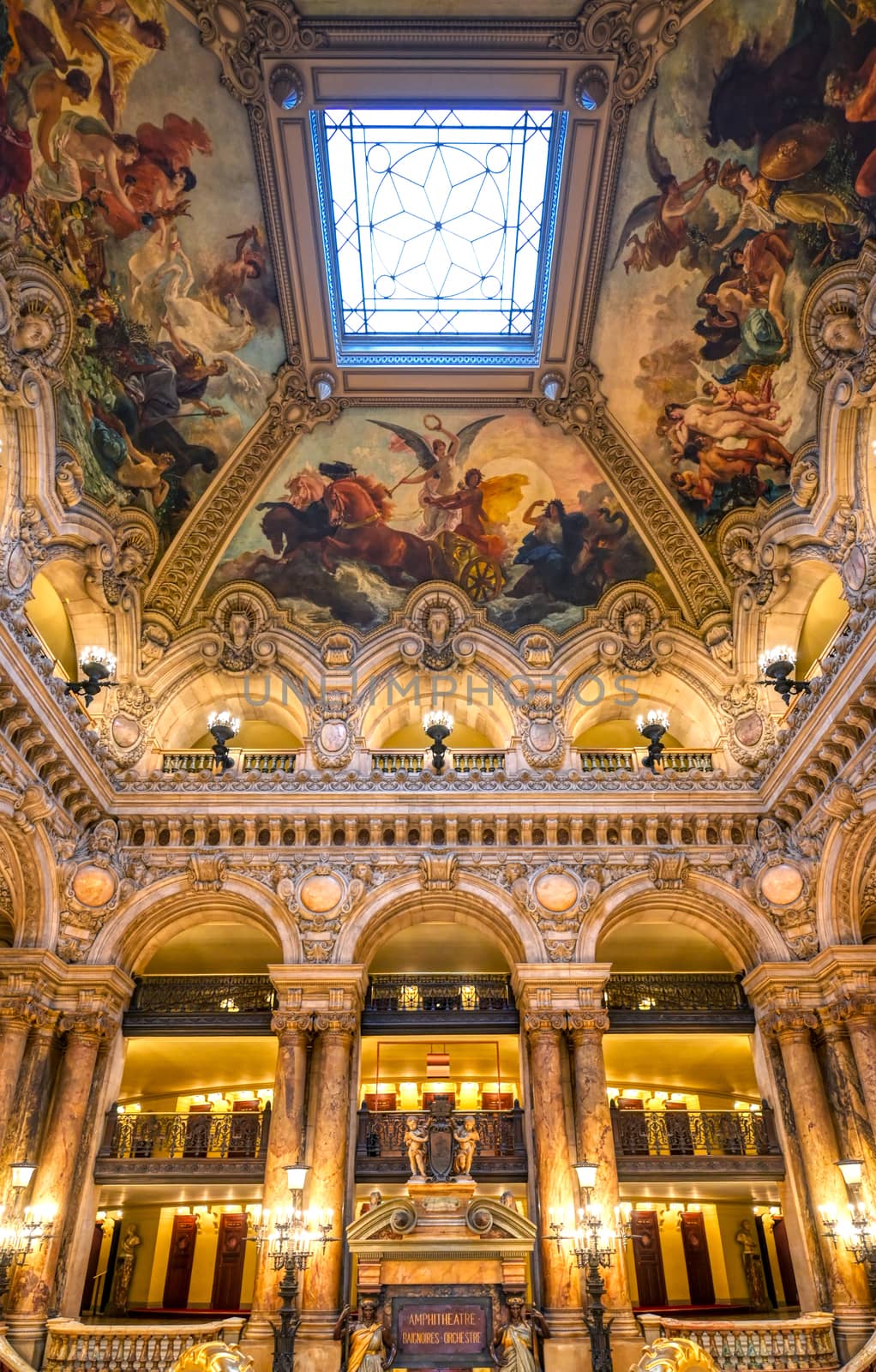 Paris, France - April 23, 2019 - The Grand Staircase at the entry to the Palais Garnier located in Paris, France.