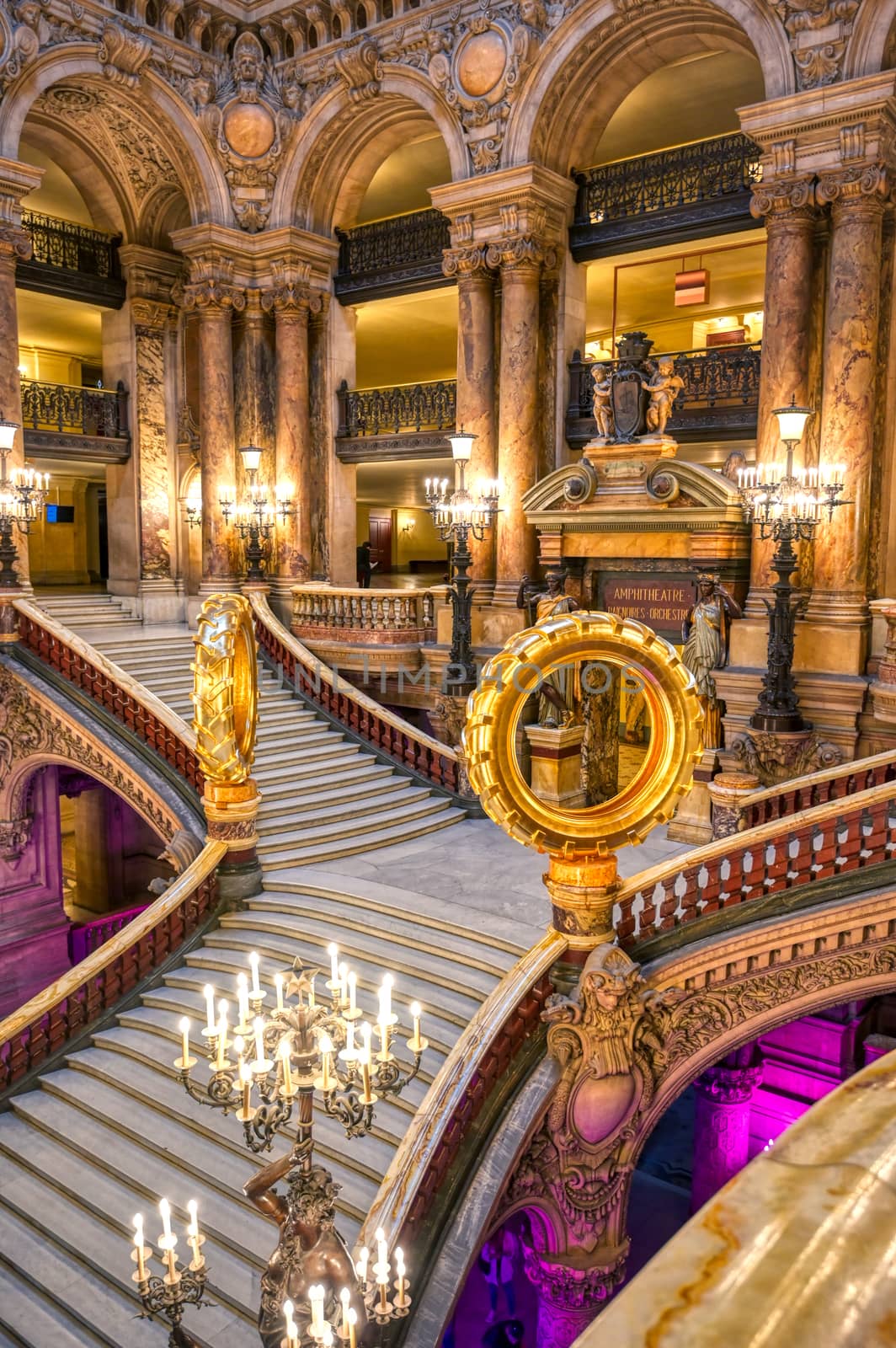 Paris, France - April 23, 2019 - The Grand Staircase at the entry to the Palais Garnier located in Paris, France.