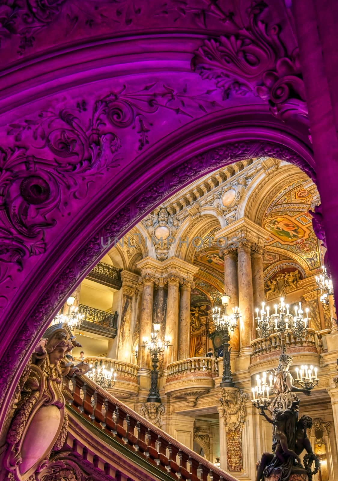 Paris, France - April 23, 2019 - The Grand Staircase at the entry to the Palais Garnier located in Paris, France.