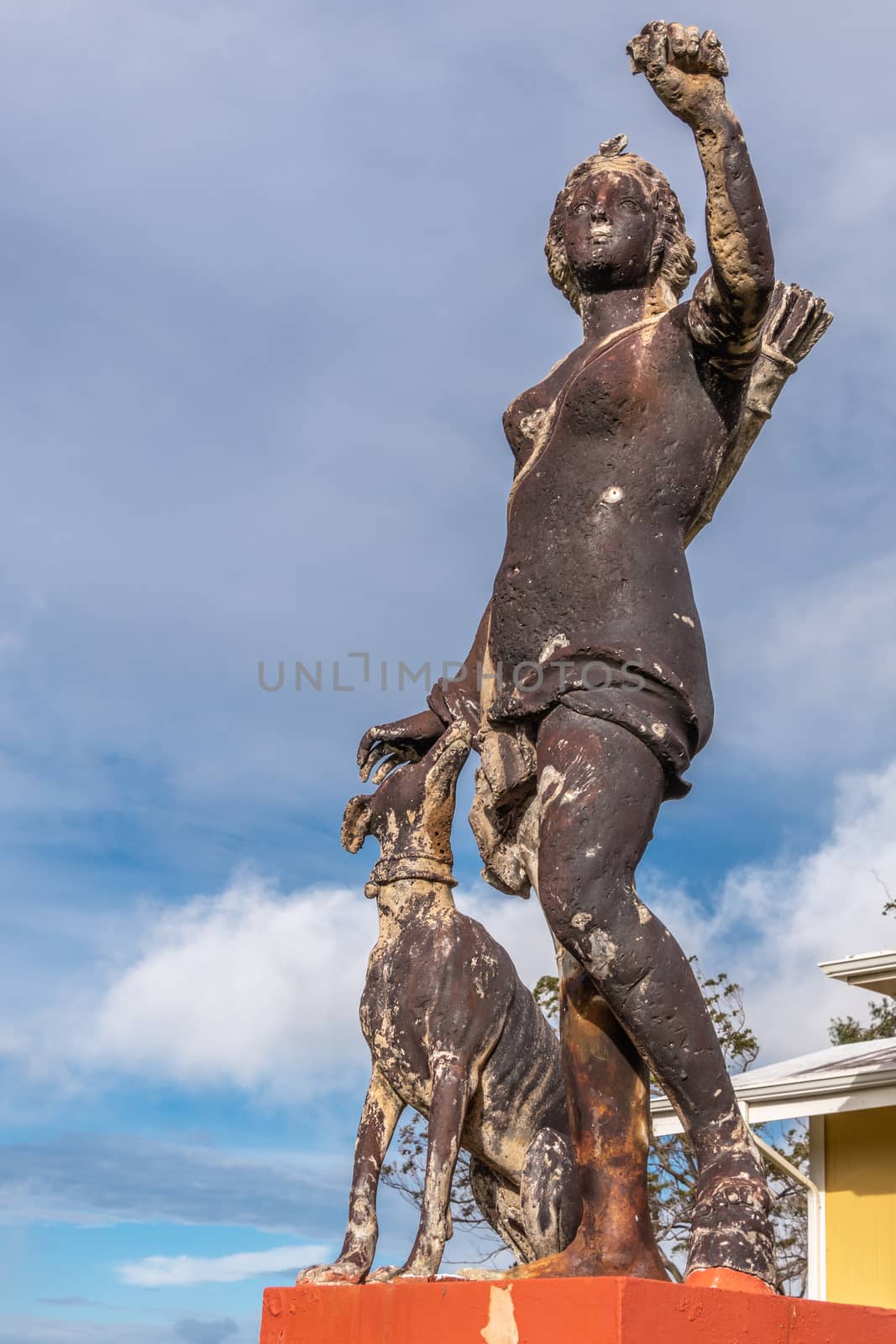 Waimea, Hawaii, USA. - January 15, 2020: Parker Ranch headquarters. Closeup of old white stone discollored by black mold statue of Diana with dog under blue sky.