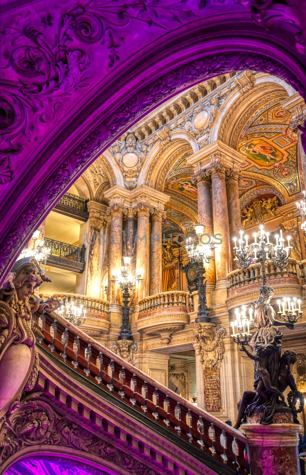 Paris, France - April 23, 2019 - The Grand Staircase at the entry to the Palais Garnier located in Paris, France.