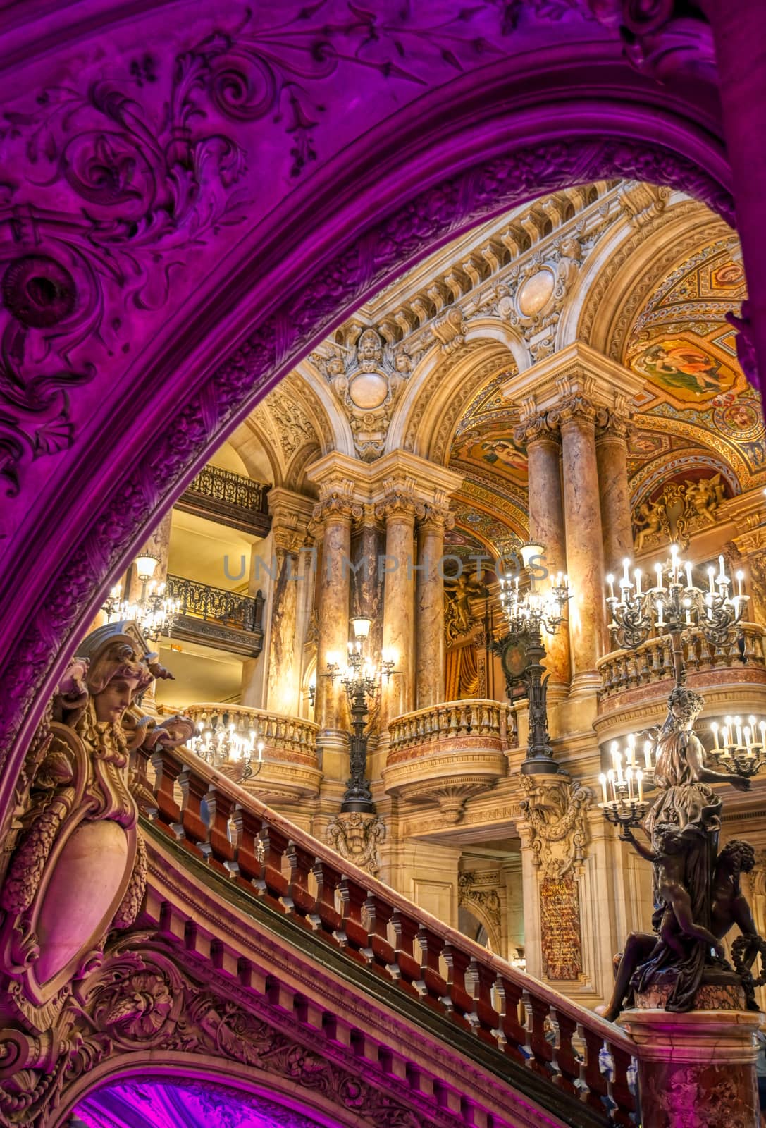 Paris, France - April 23, 2019 - The Grand Staircase at the entry to the Palais Garnier located in Paris, France.