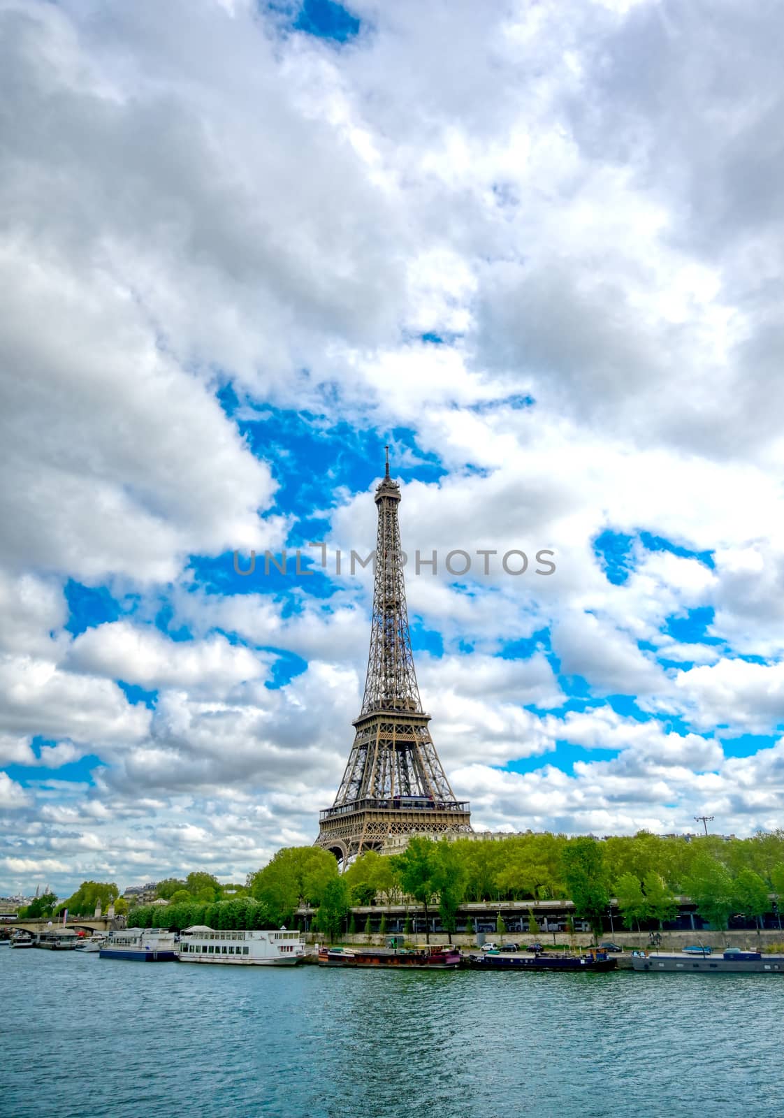 The Eiffel Tower across the River Seine in Paris, France.