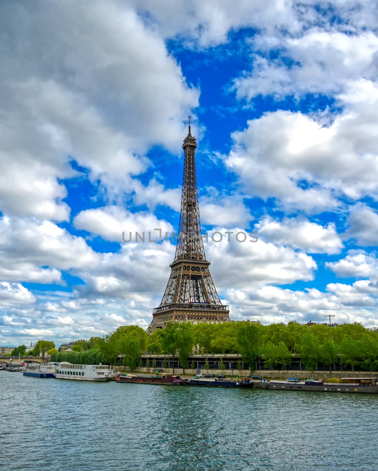 The Eiffel Tower across the River Seine in Paris, France.