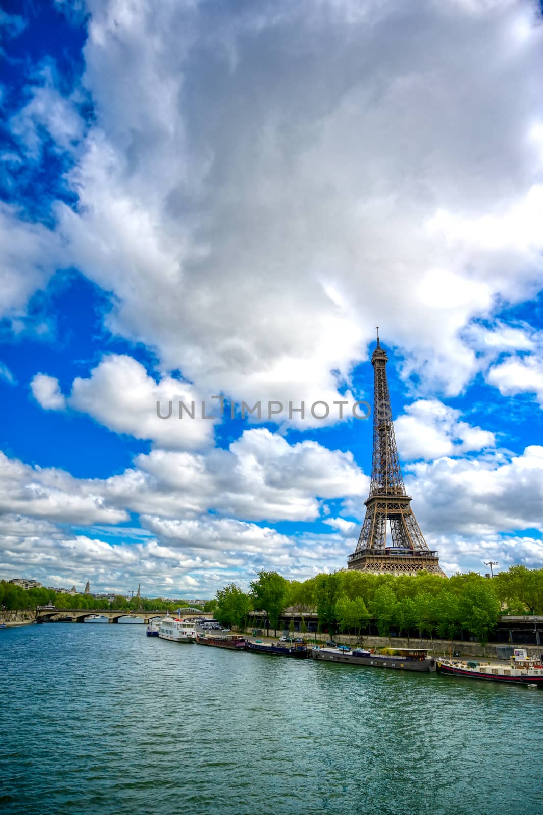 The Eiffel Tower across the River Seine in Paris, France.