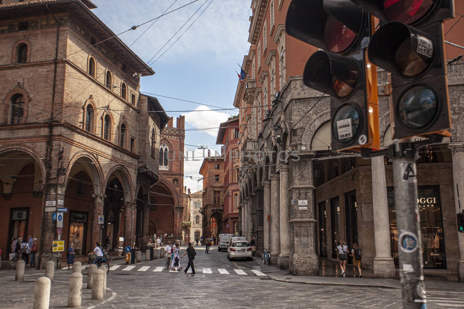 BOLOGNA, ITALY 17 JUNE 2020: Traffic light in the historic center