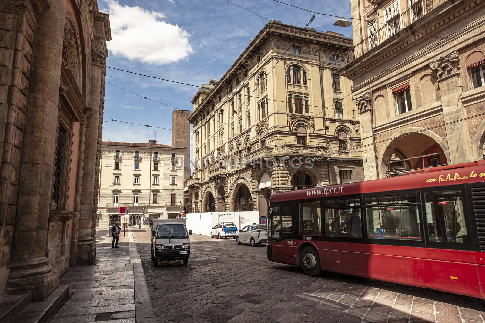 BOLOGNA, ITALY 17 JUNE 2020: Historic center of Bologna in Italy with traffic