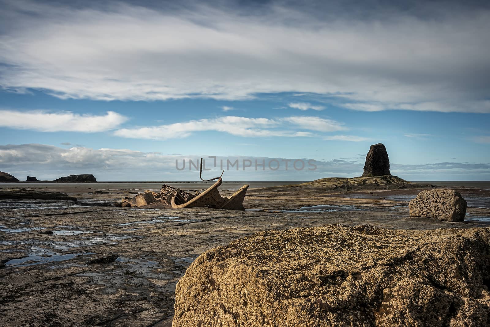 Saltwick Bay, UK - Mar 2020: Wreck of the Admiral Von Tromp stranded at the Back Nab, Saltwick Bay
