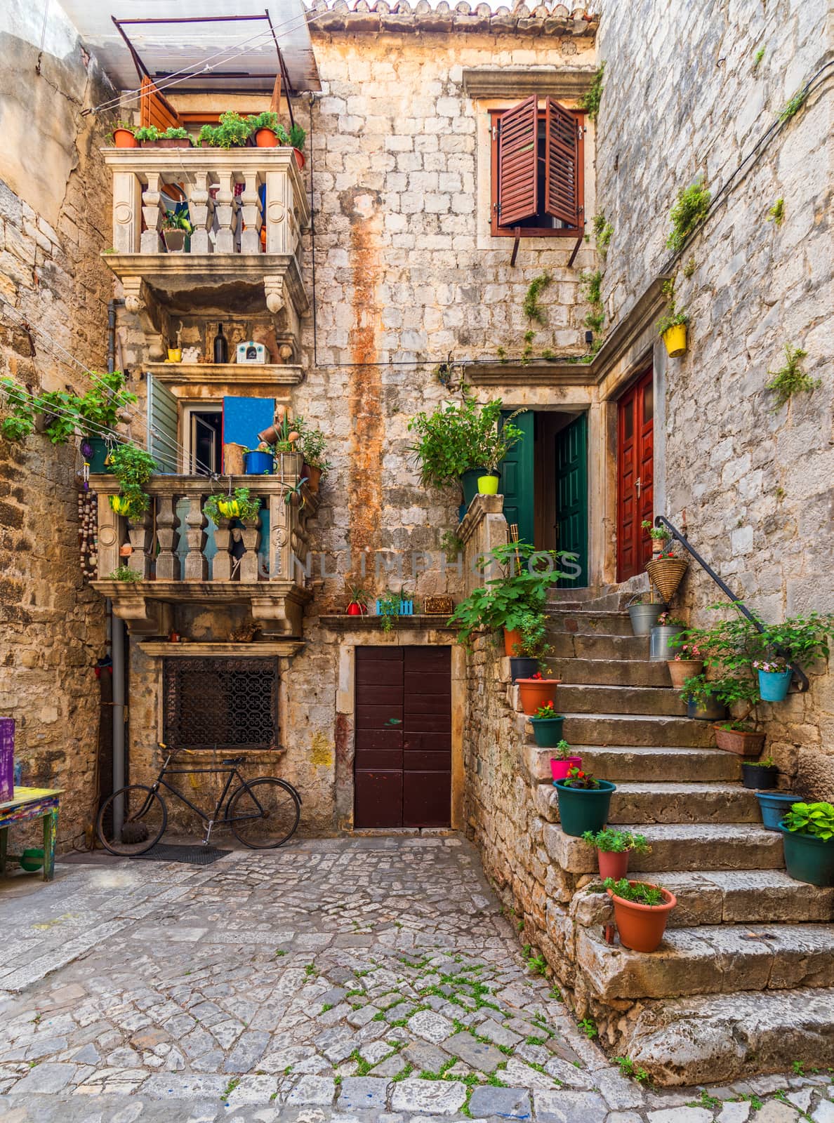 View at town Trogir, old touristic place in Croatia Europe. Trogir town coastal view. Magnificent Trogir, Croatia. Sunny old Venetian town, Dalmatian Coast in Croatia.