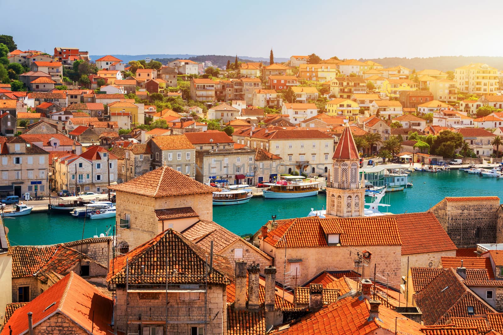 View at town Trogir, old touristic place in Croatia Europe. Trogir town coastal view. Magnificent Trogir, Croatia. Sunny old Venetian town, Dalmatian Coast in Croatia.