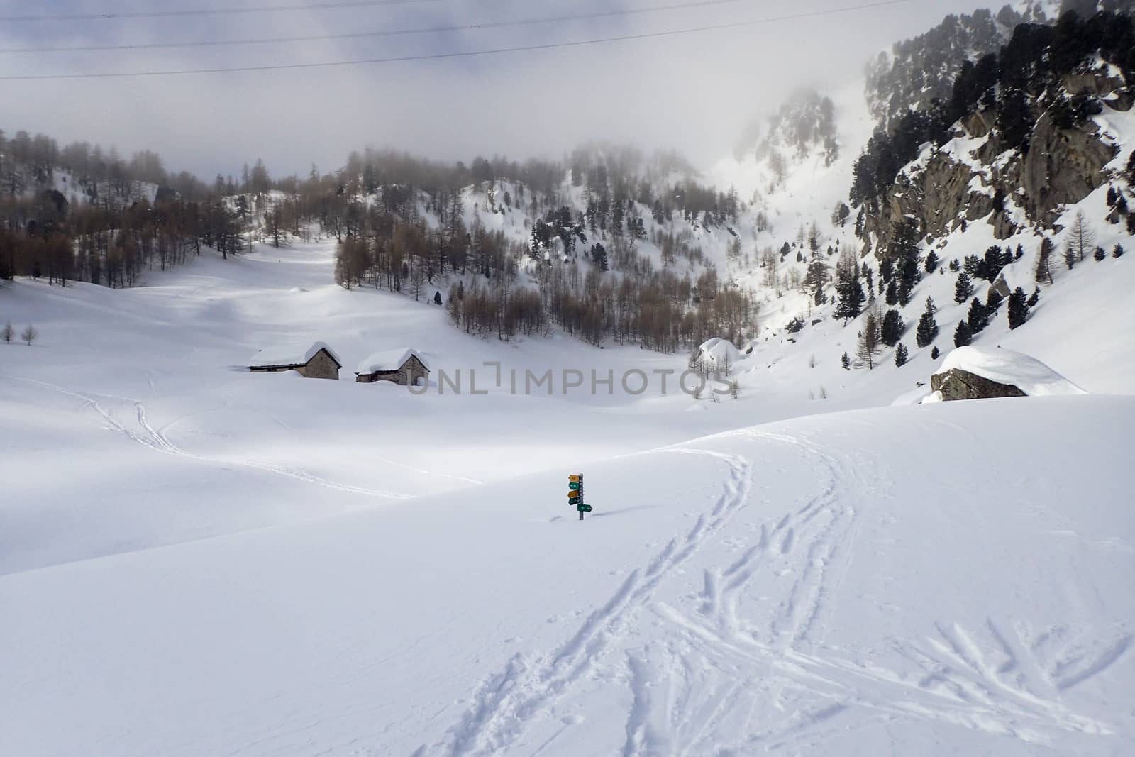 Casaccia, Switzerland: winter landscape, Lareccio canals and Colombe pass