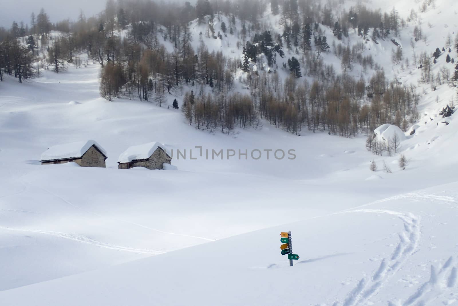 Casaccia, Switzerland: winter landscape, Lareccio canals and Colombe pass