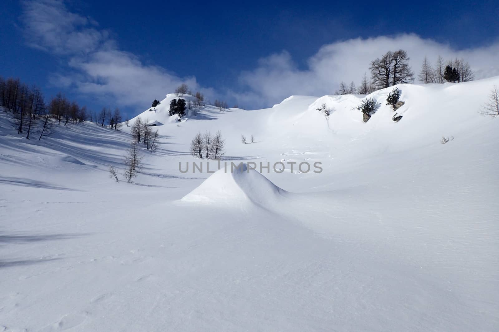 Casaccia, Switzerland: winter landscape, Lareccio canals and Colombe pass