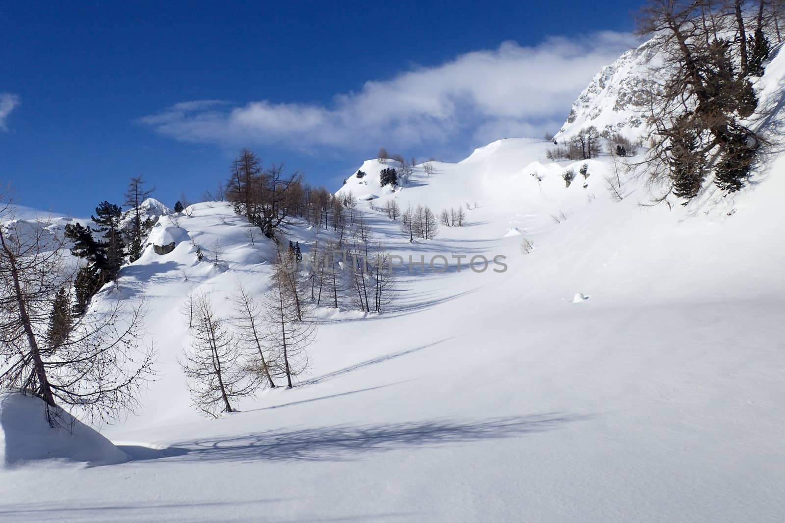 Casaccia, Switzerland: winter landscape, Lareccio canals and Colombe pass