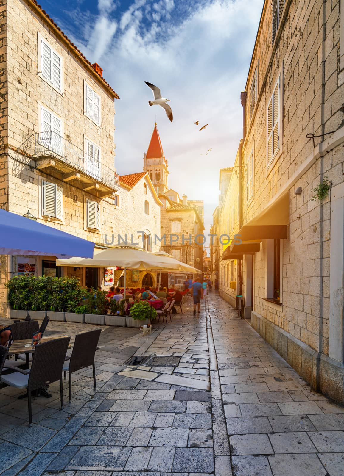 View at town Trogir, old touristic place in Croatia Europe with seagull's flying over city. Trogir town coastal view. Magnificent Trogir, Croatia. Sunny old Venetian town, Dalmatian Coast in Croatia.