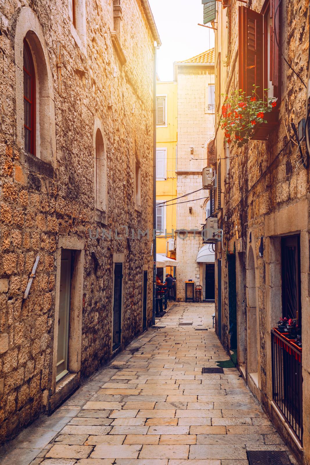 Street in Split historical center, Croatia. Beautiful square of the old town of Split in Croatia. Old stone street of Split historic city, Dalmatia, Croatia