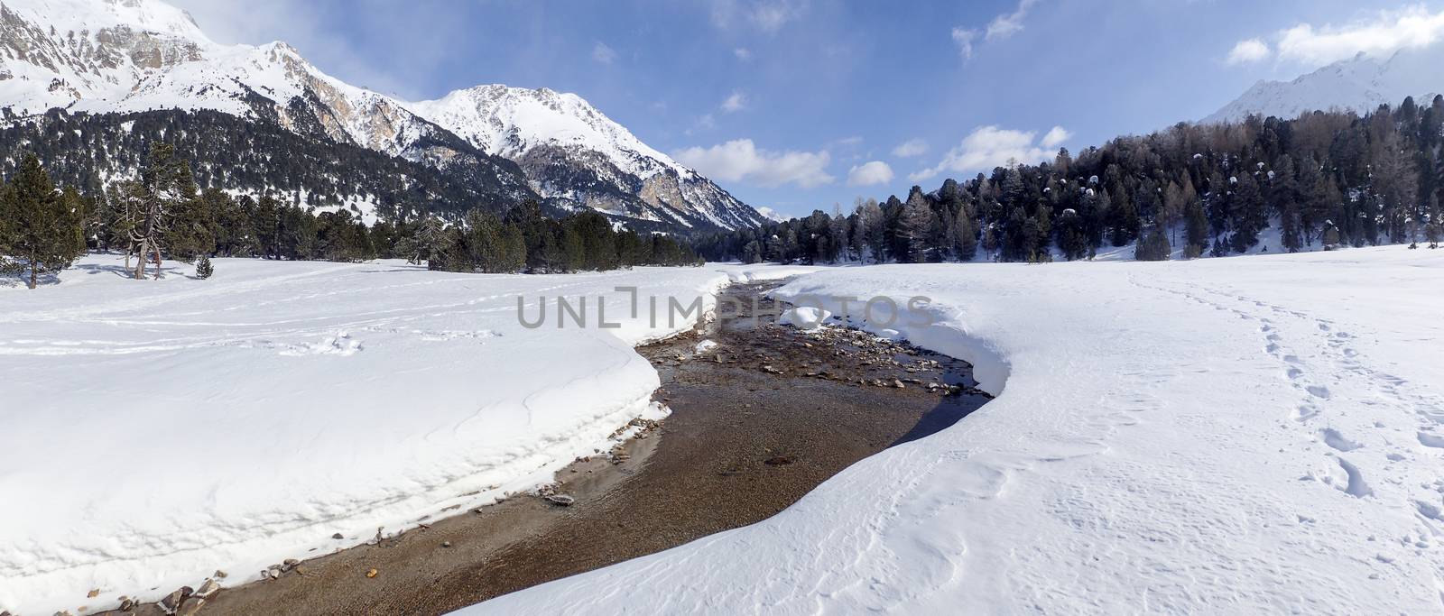 Casaccia, Switzerland: winter landscape, Lareccio canals and Colombe pass