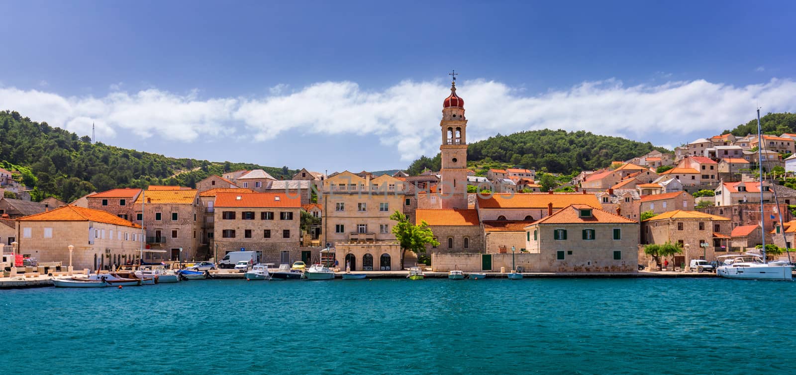 Pucisca is small town on Island of Brac, popular touristic destination on Adriatic sea, Croatia. Pucisca town Island of Brac. Adriatic coast town Pucisca.