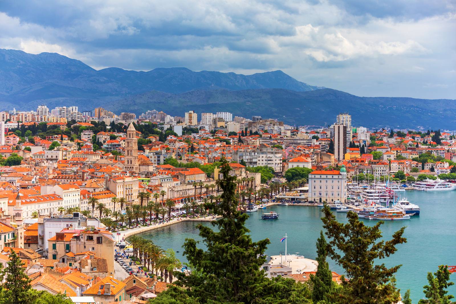 Split, Croatia (region of Dalmatia). UNESCO World Heritage Site. Diocletian Palace and Mosor mountains in background. Split panoramic view of town, Dalmatia, Croatia.