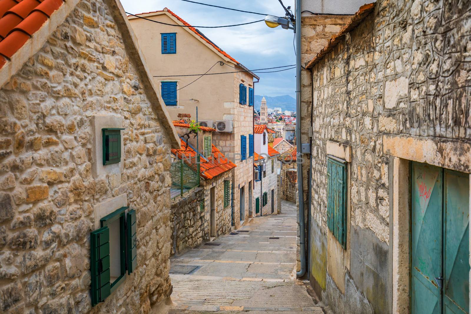 Street in Split historical center, Croatia. Beautiful square of the old town of Split in Croatia. Old stone street of Split historic city, Dalmatia, Croatia