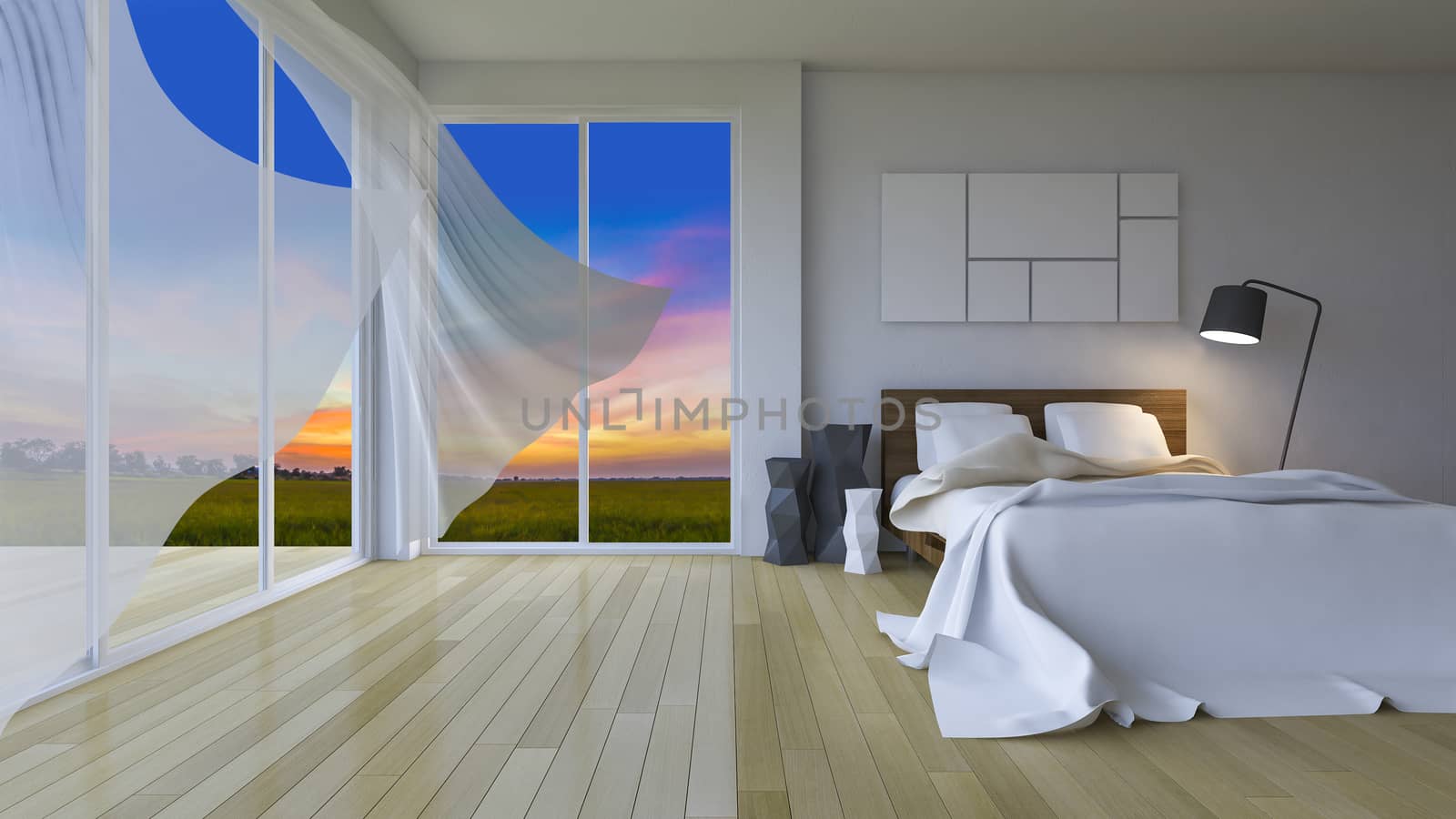 3ds rendering of  modern bedroom in sunset time by Kankliang