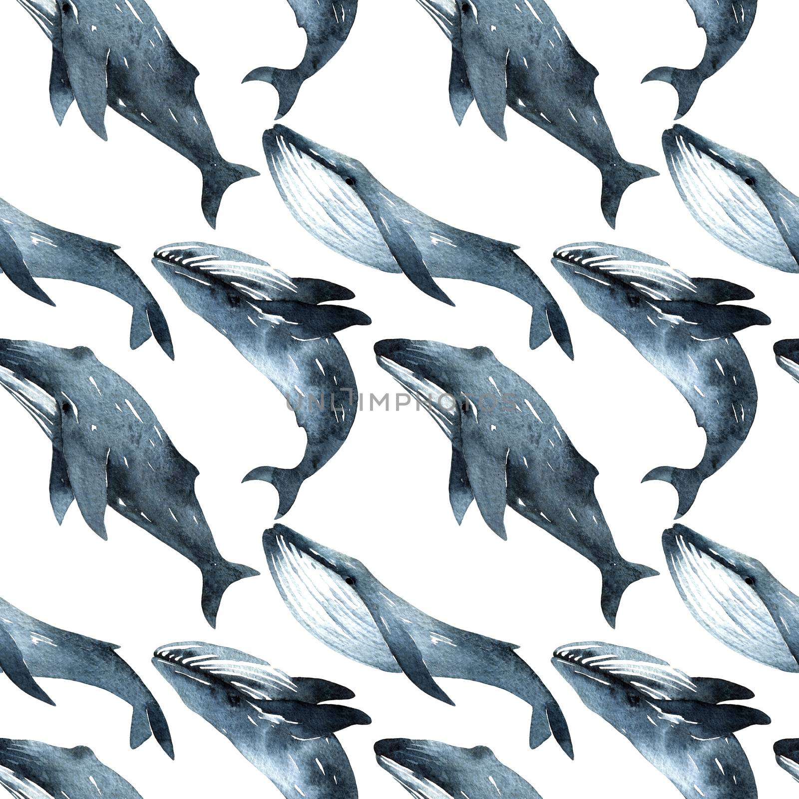 Watercolor illustration of floating blue whale. Seamless pattern background.
