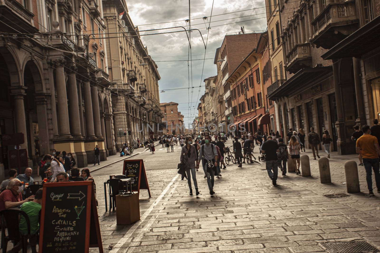 BOLOGNA, ITALY 17 JUNE 2020: Via Rizzoli in Bologna, Italy with his historical Building