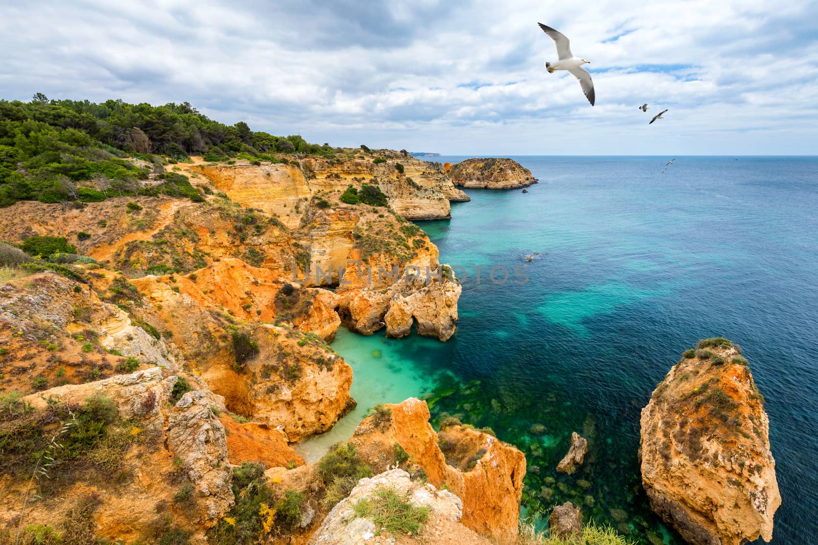View of stunning beach with golden color rocks in Alvor town , Algarve, Portugal. View of cliff rocks on Alvor beach, Algarve region, Portugal.