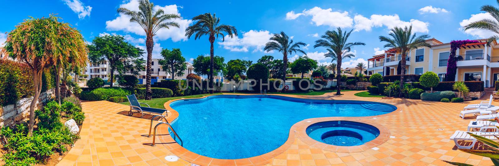 Great backyard with swimming pool, hot tub and lounge chairs. Swimming pool in backyard. Incredible swimming pool and garden with palm trees and flowers in a sunny day.