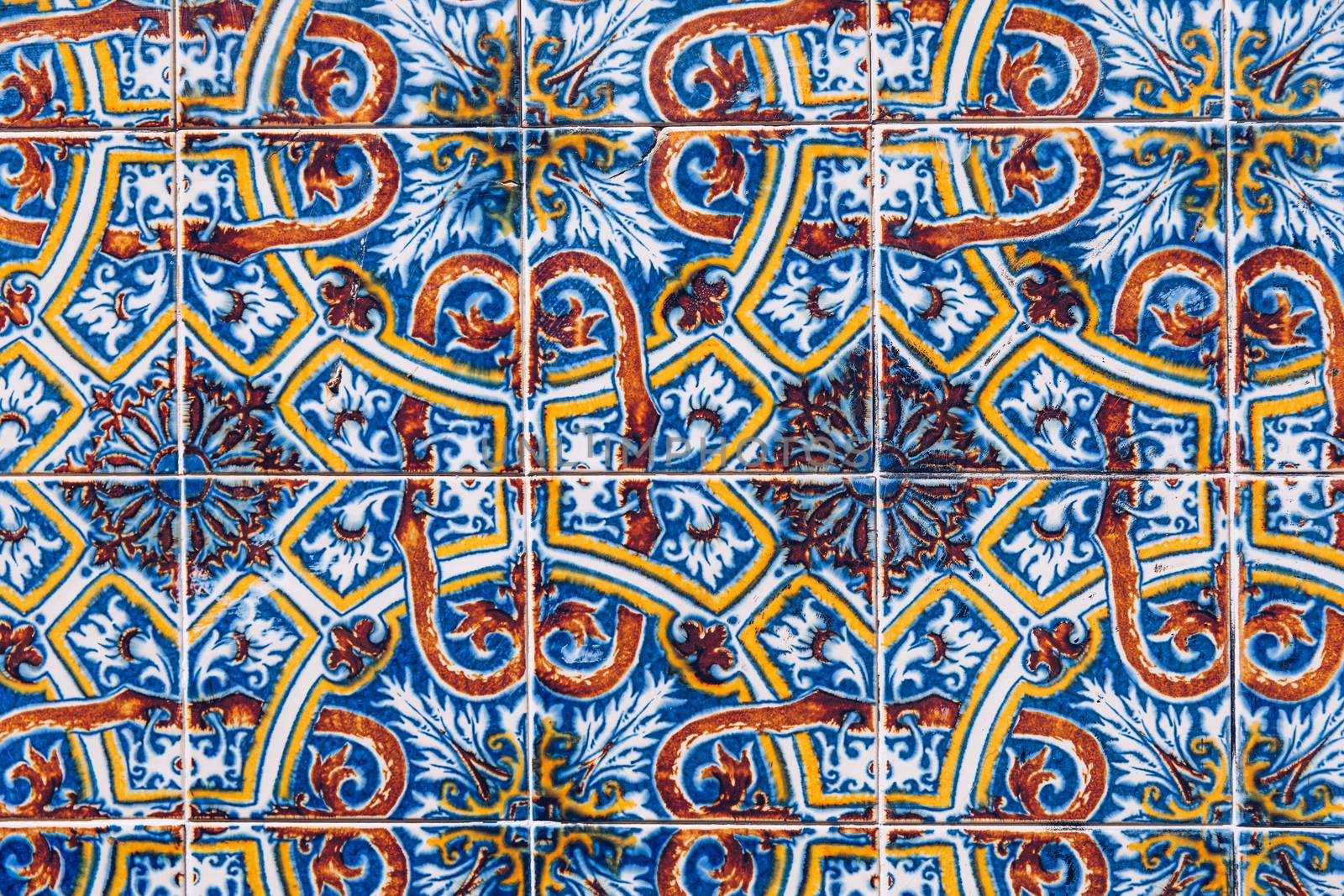 Azulejo is a form of Portuguese or Spanish painted, tin-glazed, ceramic tile work. Azulejos is traditional Portugese tiles in Aveiro. Architecture ornament. Aveiro, Portugal.
