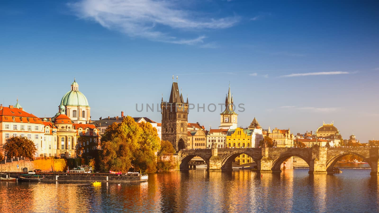 Prague, Czezh Republic. Scenic autumn aerial view of the Old Town with red foliage