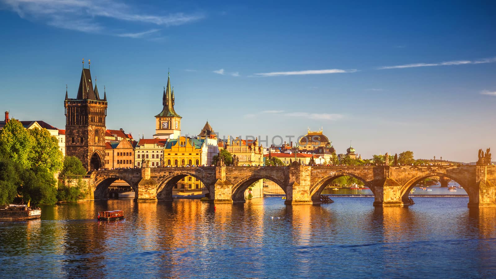 Prague Scenic spring sunset aerial view of the Old Town pier architecture and Charles Bridge over Vltava river in Prague, Czech Republic