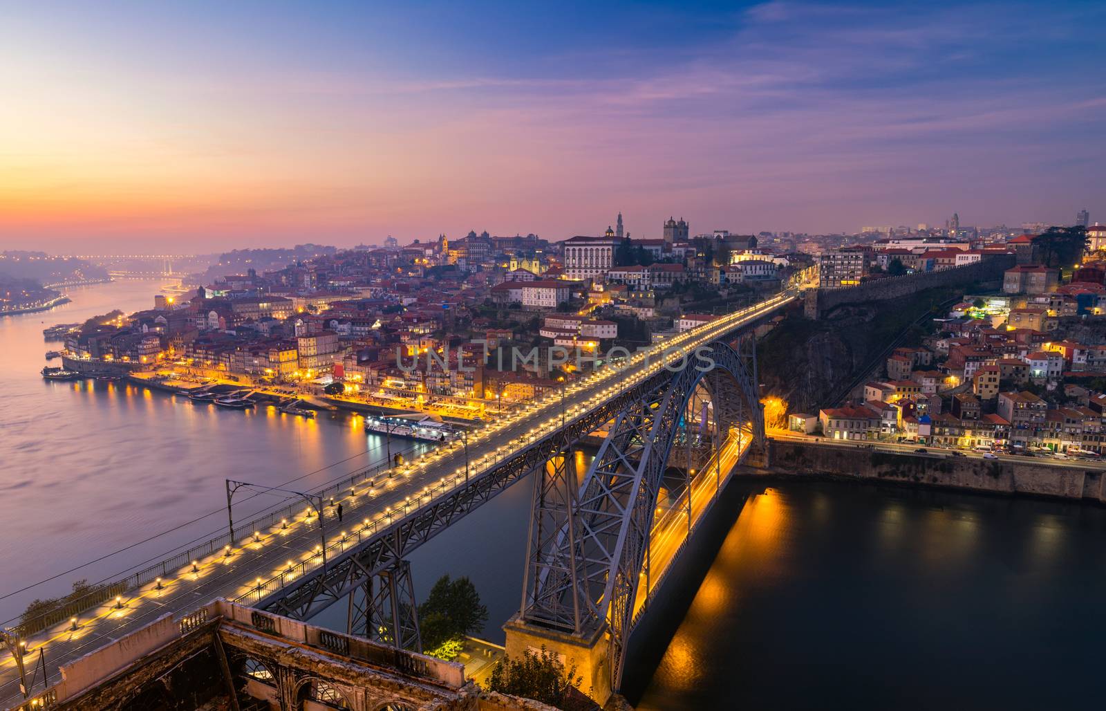 Scenic view of the Porto Old Town pier architecture over Duoro river in Porto, Portugal