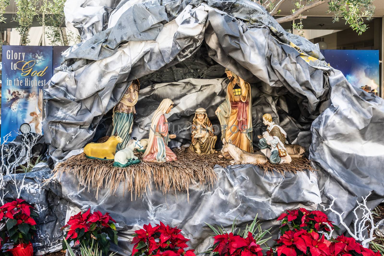 Garden Grove, California, USA - December 13, 2018: Crystal Christ Cathedral. Statues in Nativity Scene for Christmas without baby Jesus but parents, animals and shepherds present. Red Poinsettia flowers up front.