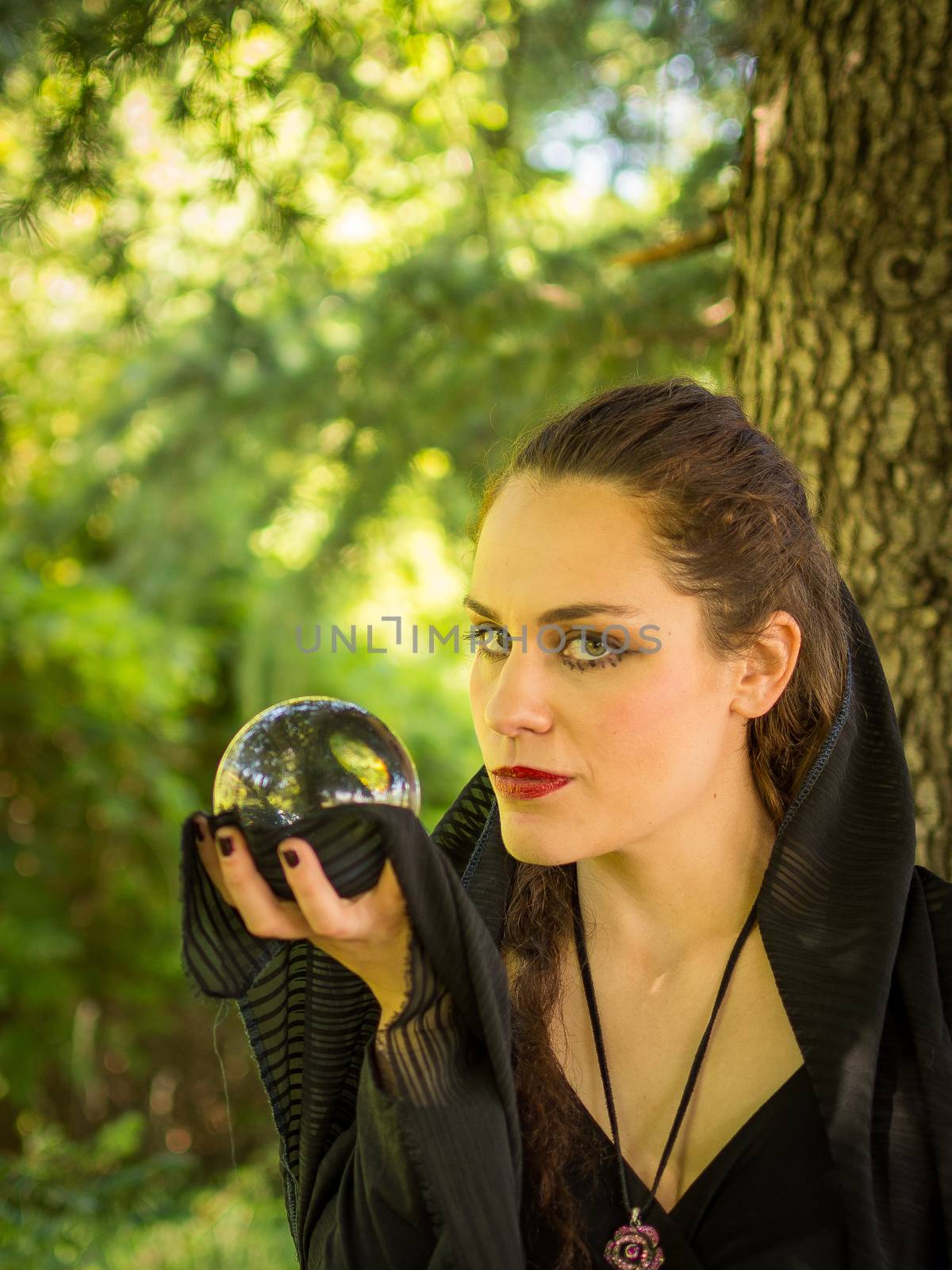 a witch in a black dress with a crystal ball wanders among the trees of a forest