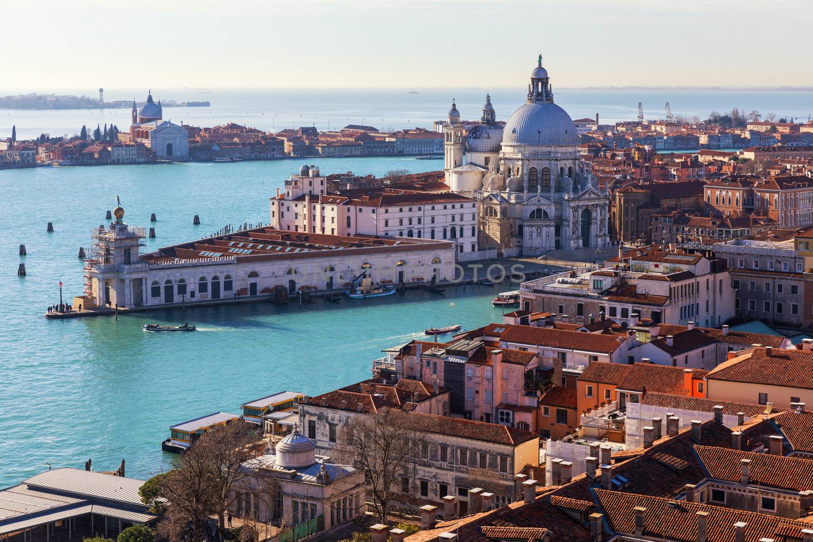 Aerial View of the Grand Canal and Basilica Santa Maria della Salute, Venice, Italy. Venice is a popular tourist destination of Europe. Venice, Italy.