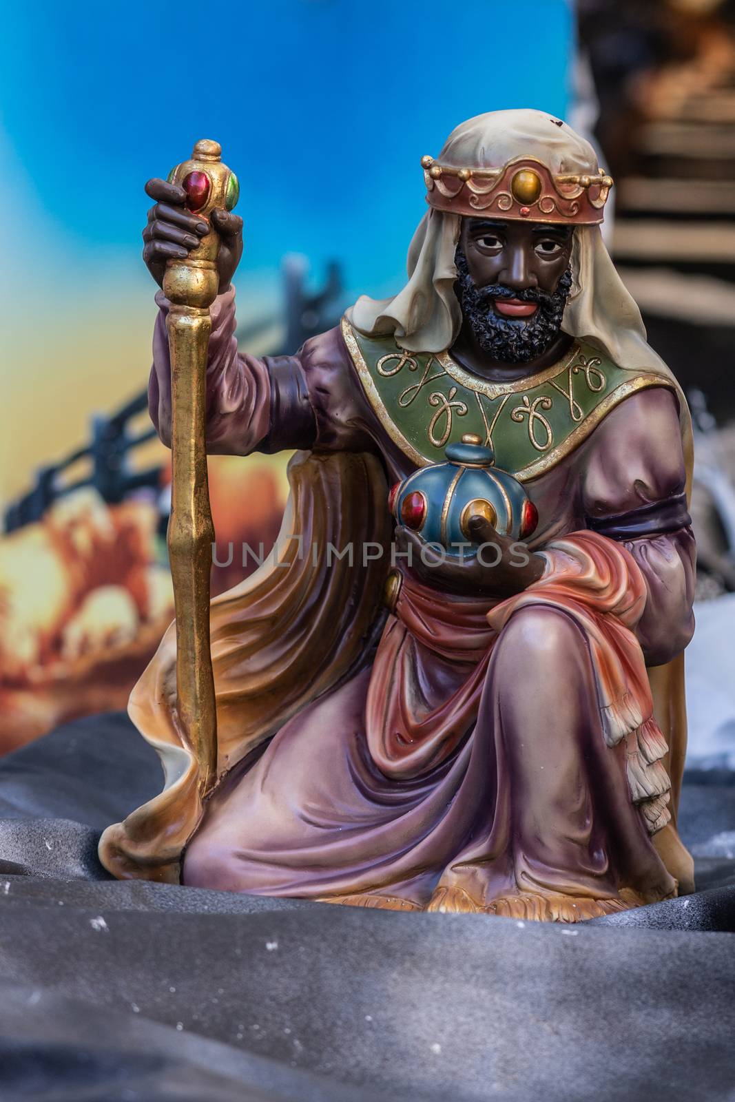 Garden Grove, California, USA - December 13, 2018: Crystal Christ Cathedral. Closeup of statue of one of the Three Kings at Nativity Scene paying his respect to Baby Jesus.