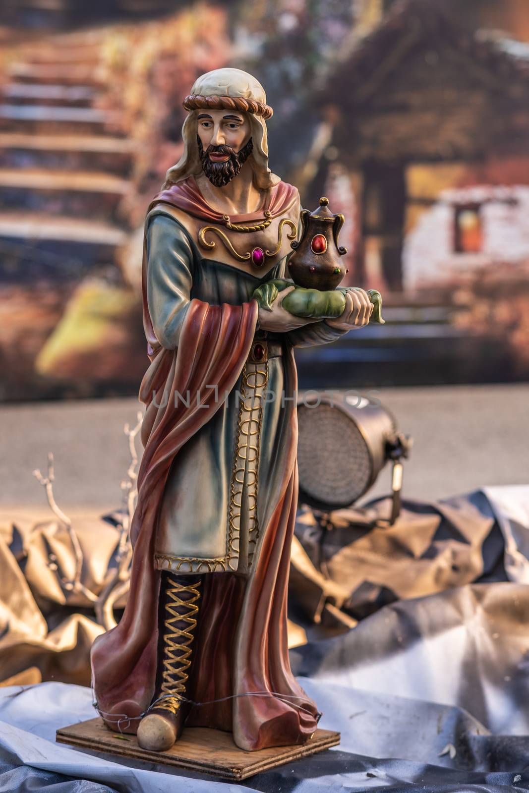 Garden Grove, California, USA - December 13, 2018: Crystal Christ Cathedral. Closeup of statue of one of the Three Kings at Nativity Scene paying his respect to Baby Jesus.