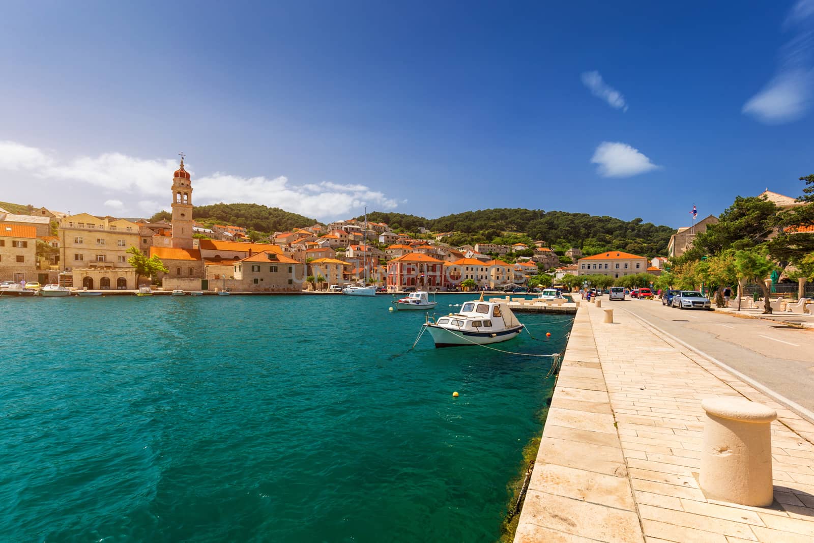 Pucisca is small town on Island of Brac, popular touristic destination on Adriatic sea, Croatia. Pucisca town Island of Brac. Adriatic coast town Pucisca.