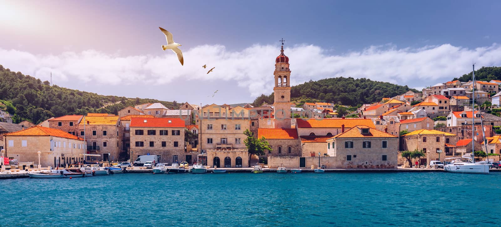 Panorama of picturesque town Pucisca in Croatia, Island Brac, Europe. Pucisca town mediterranean panorama with seagull's flying over the town. Croatia, Island Brac, Europe.