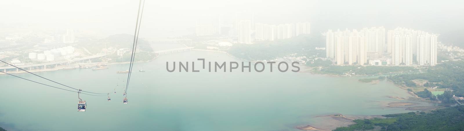 Panorama Cable car in fog ,from Hong Kong Ocean Park by Surasak