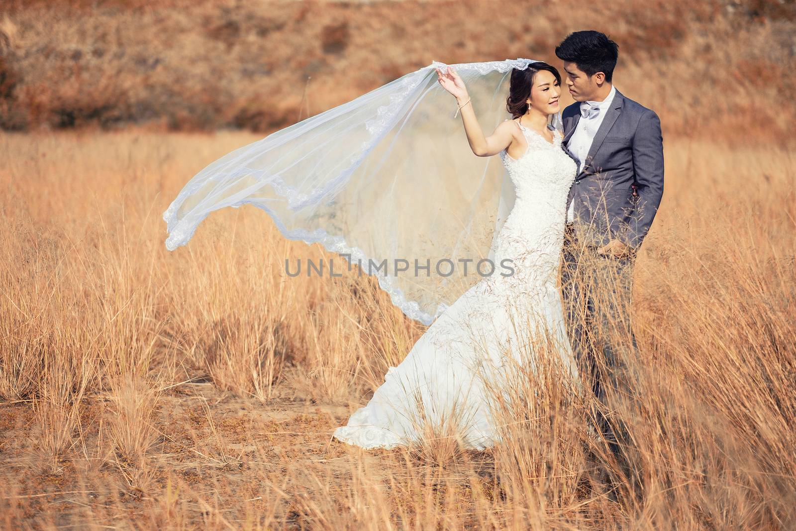 Happy romantic young couple in Meadow
 by Surasak