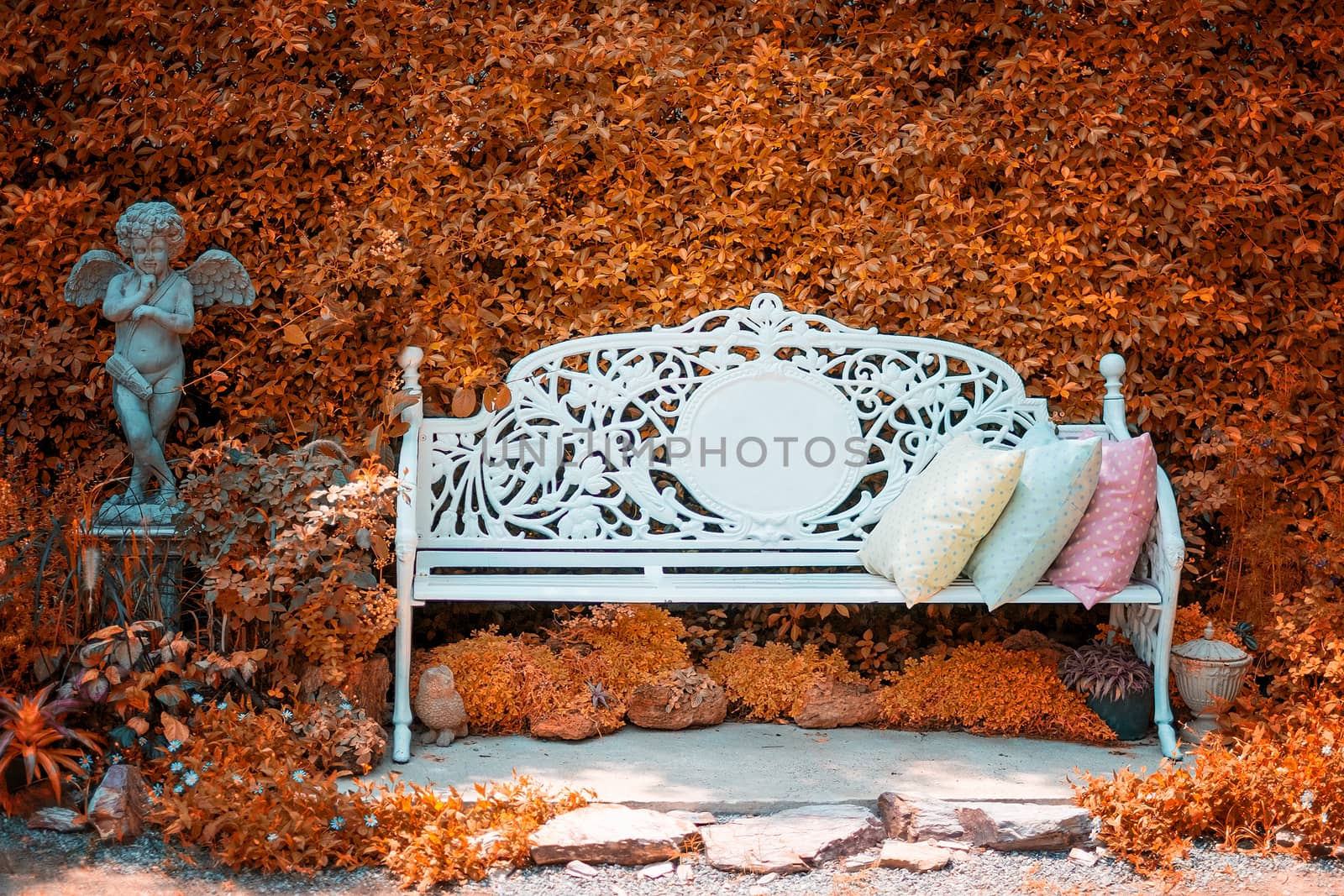 White bench with the red bush Background