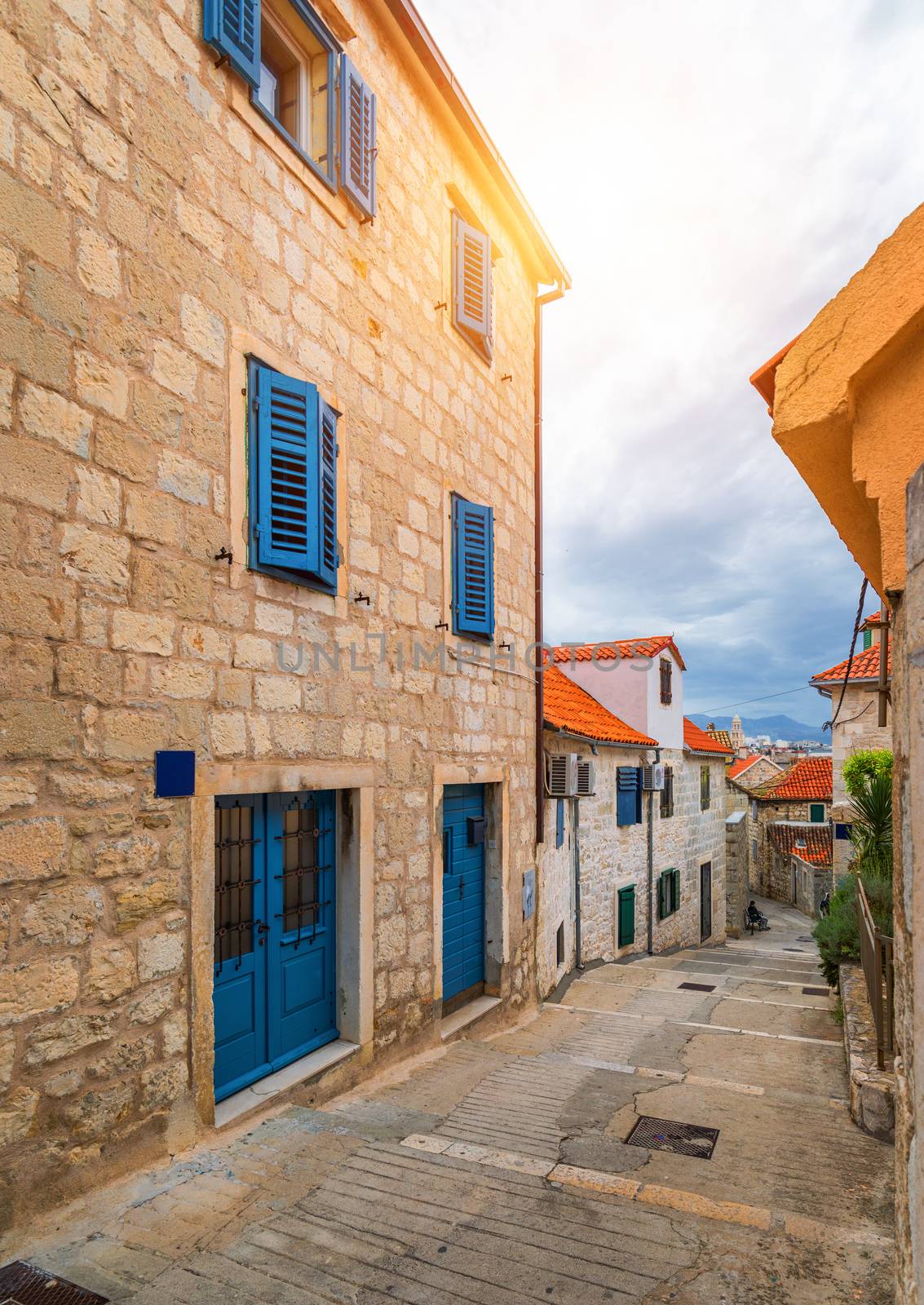 Street in Split historical center, Croatia. Beautiful square of the old town of Split in Croatia. Old stone street of Split historic city, Dalmatia, Croatia