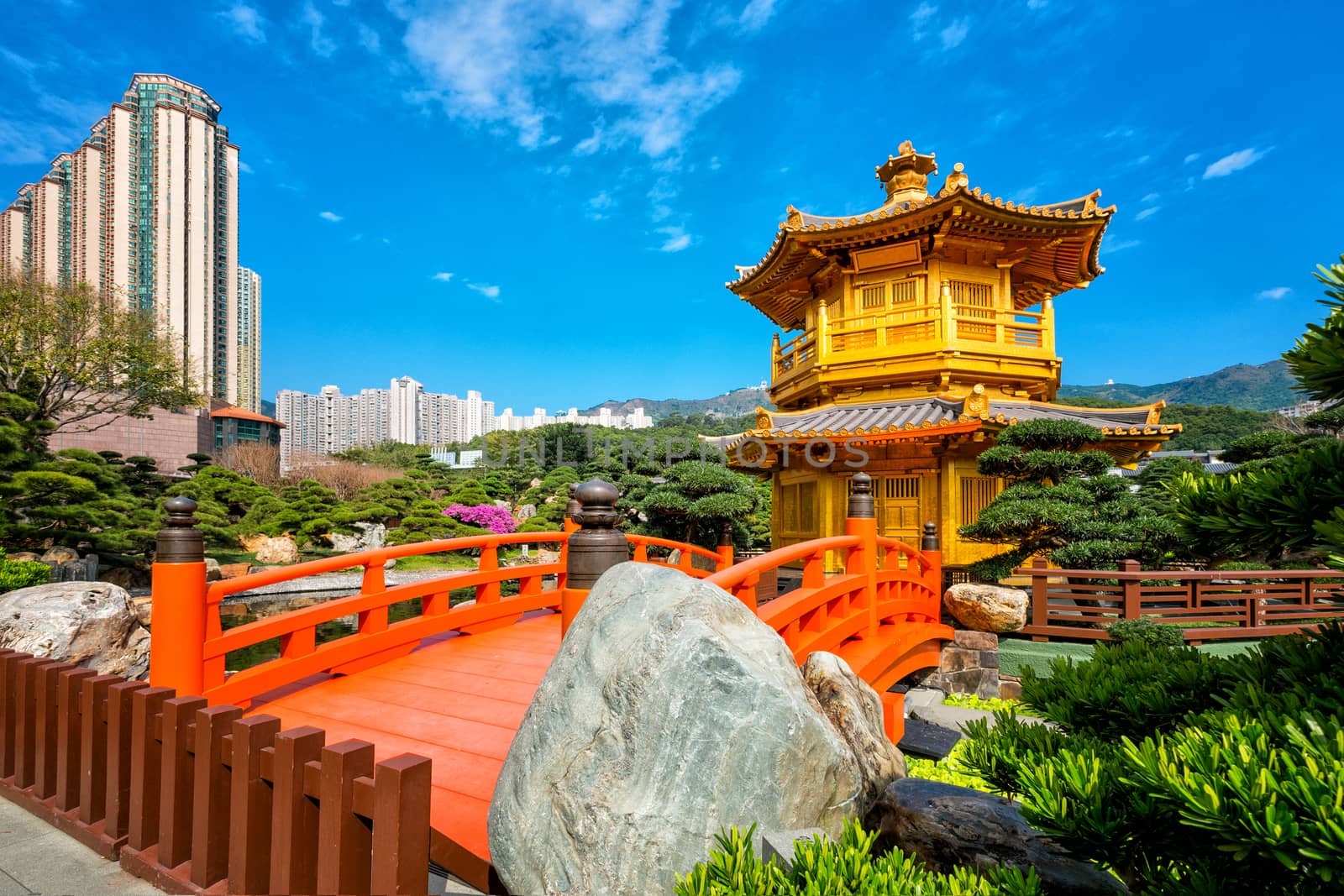 Front View The Golden Pavilion Temple in Nan Lian Garden by Surasak