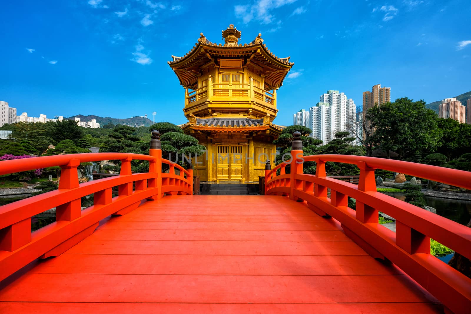 Front View The Golden Pavilion Temple in Nan Lian Garden by Surasak