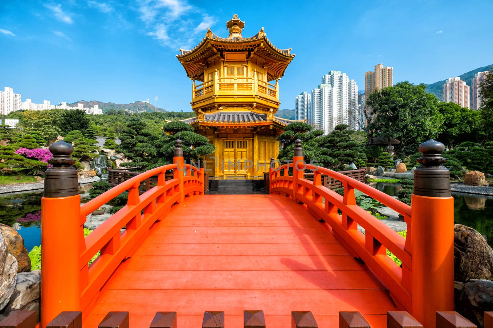 Front View The Golden Pavilion Temple in Nan Lian Garden by Surasak