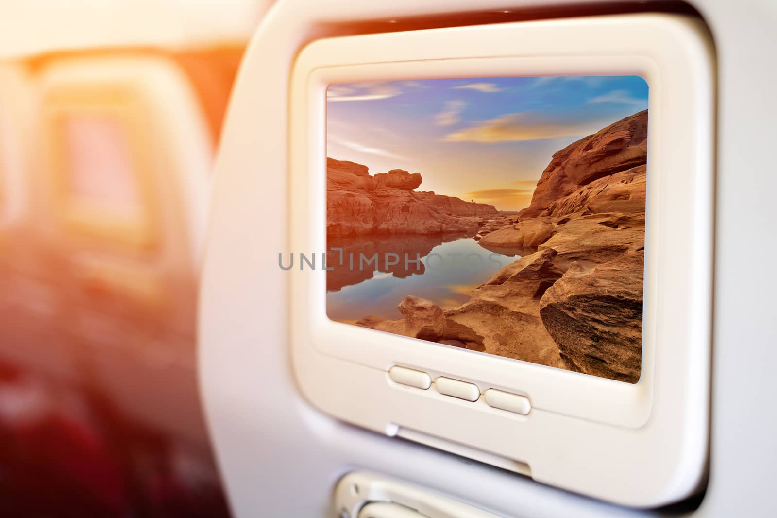 Aircraft monitor in front of passenger seat showing Samphanboke Ubonratchatani Grand Canyon in Thailand, 3000 Boke 