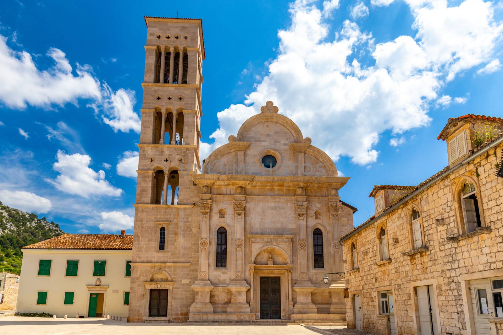 Colorful scenery in mediterranean town Hvar, famous travel place on Adriatic Sea, Croatia. Amazing Hvar city on Hvar island, Croatia. View of the Hvar town, Hvar island, Dalmatia, Croatia.