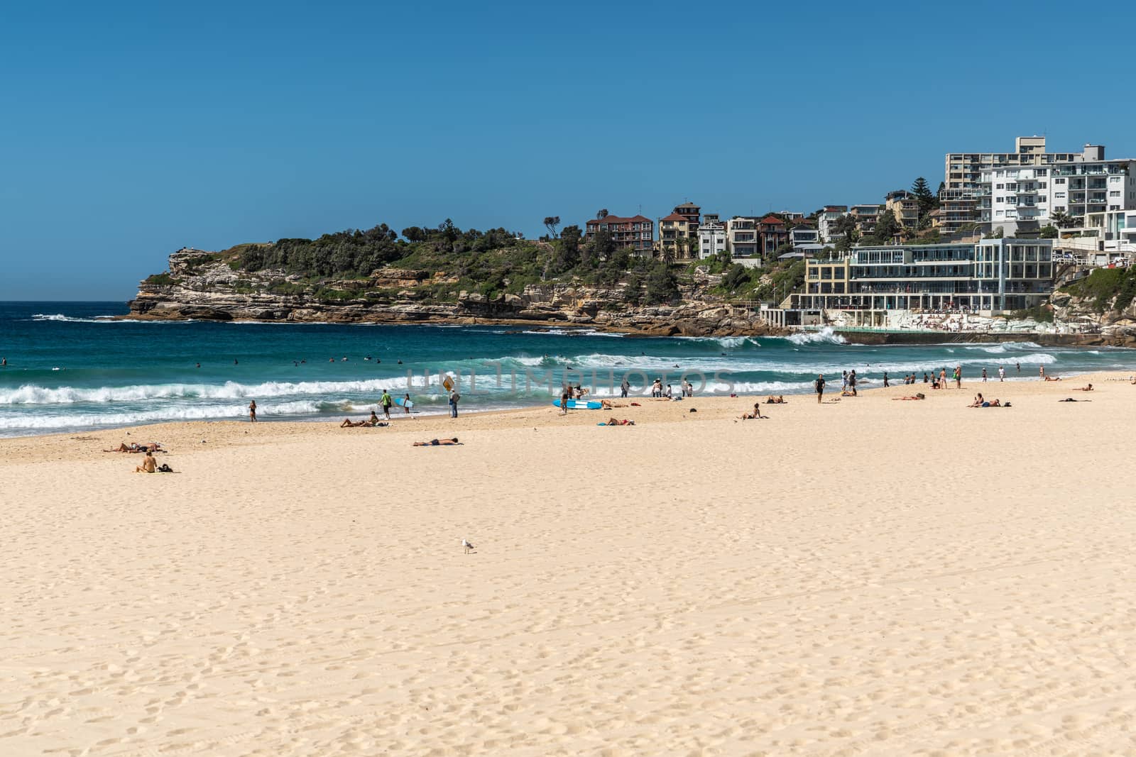 Sydney, Australia - February 11, 2019: Bondi Beach and south side cliffs with housing and Bondi Icebergs Club house and pool.  under blue sky. Pale yellow sand with people in front, blue water.